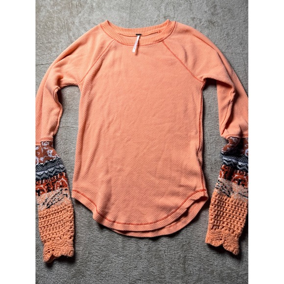 Free People Tops - Free People Orange Waffle Knit Thermal Top Crochet Small Boho Western Festival